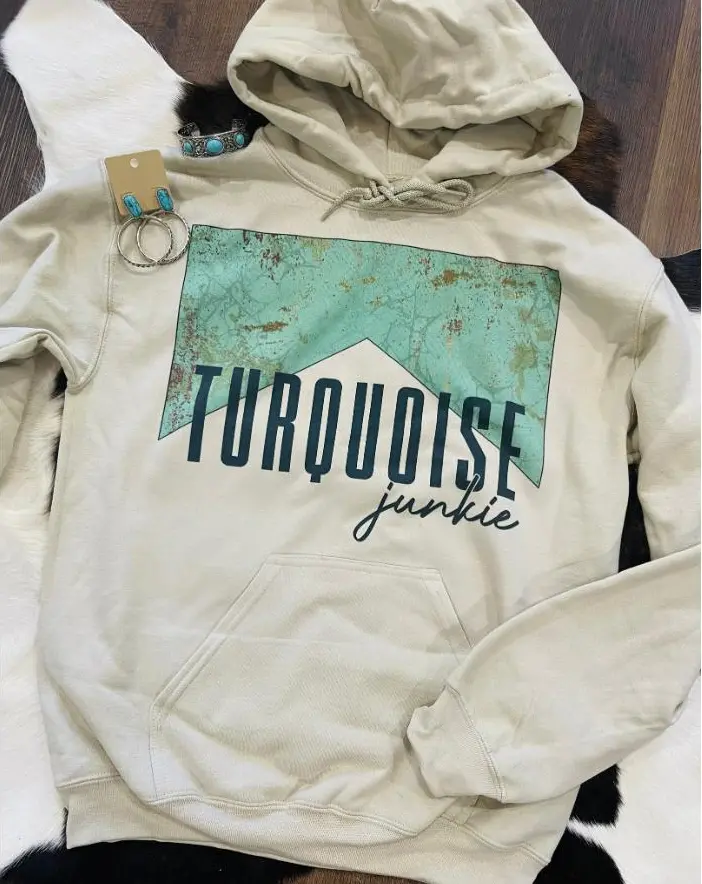Turquoise Junkie Hoodie, Crewneck Graphic SweatShirt, cowgirl outfits, western outfit women, western tops, western tops, rodeo outfits women, shirt sweatshirt hoodie