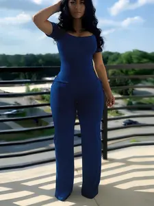 Women's Short Sleeve Jumpsuit, Fashion Slim Fit High Waist, Casual Long Pants with Pockets, Elastic Waist, All Seasons