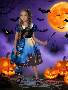 (Dress + Bag + Hair Accessories + Fairy Wand ) Ghost Halloween Costume Moon Castle Print Dress Kids Party Cosplay Dress