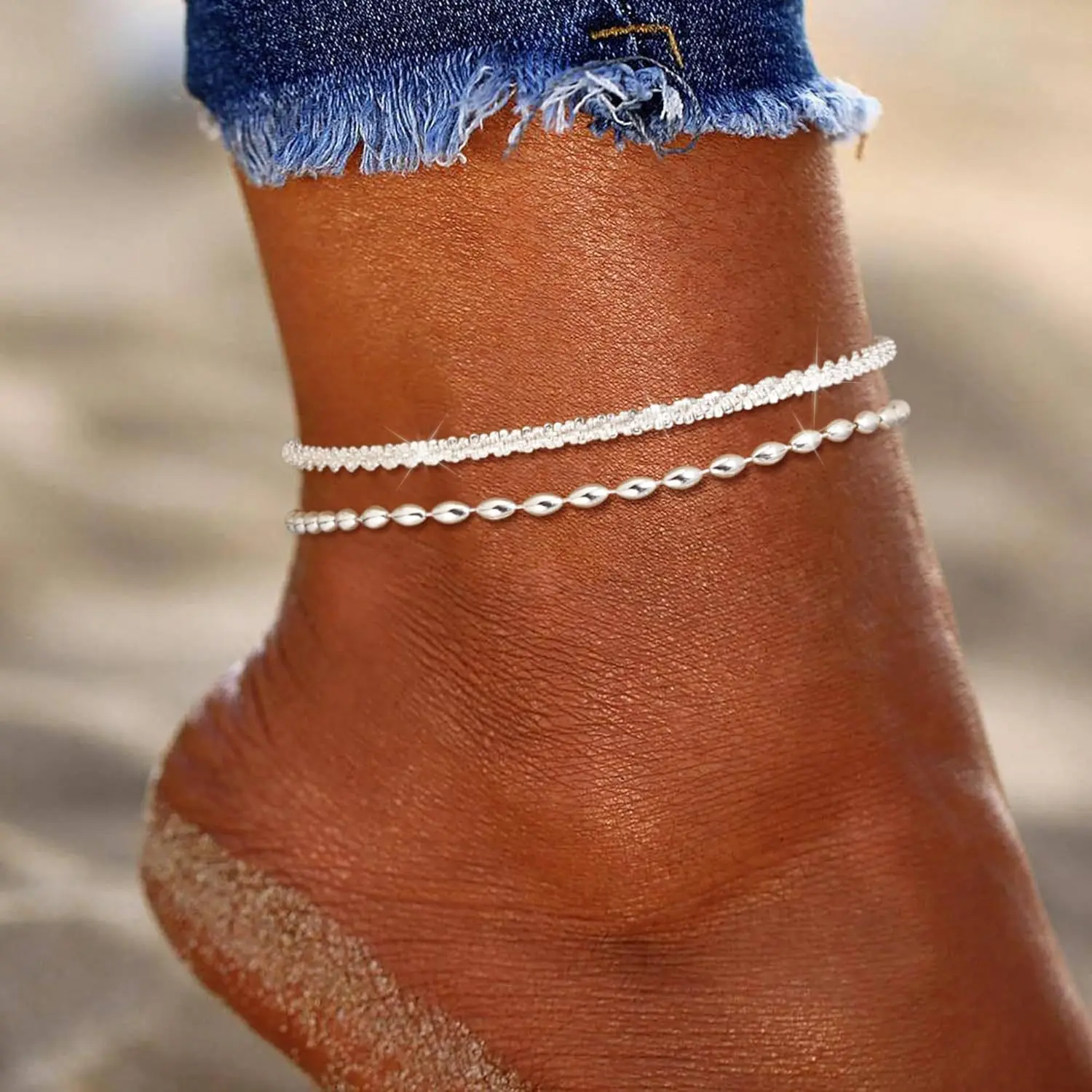 2 PCS Stainless Steel Anklet Bracelets Set for Women Waterproof Cuban Link Anklet Beaded Bracelets Adjustable Bracelets Jewelry Summer Beach Vacation Dating Gift Valentine's Day Gift