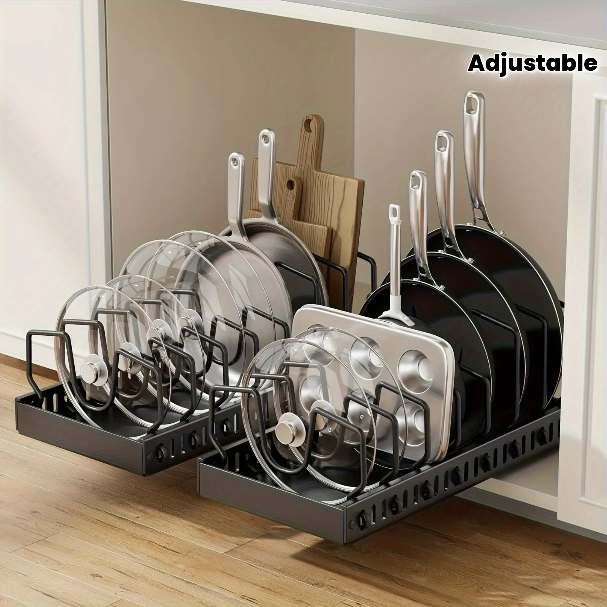 Cookware and frying pan storage rack with pull-up lid storage box, 4 season available lid rack for under cupboards with adjustable baffles, designed for use in kitchen cabinets and baking utensils.