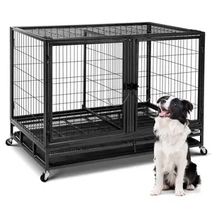 Dog Crate Double Door Cage,Kennel with Wheels Extra Large Crate Indoor for Large Dog with Removable Tray, Pet Playpen YardIndoor