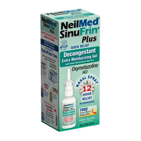 NeilMed SinuFrin Plus Nasal Decongestant Gel Spray - Extra Moisturizing with Sodium Hyaluronate & Aloe Vera for 12 Hour Relief
