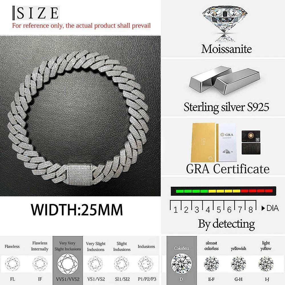 Custom 25MM S925 Sterling Silver Hip Hop Moissanite Cuban Link Chain Thick Miami VVS Cuban Necklace For Men