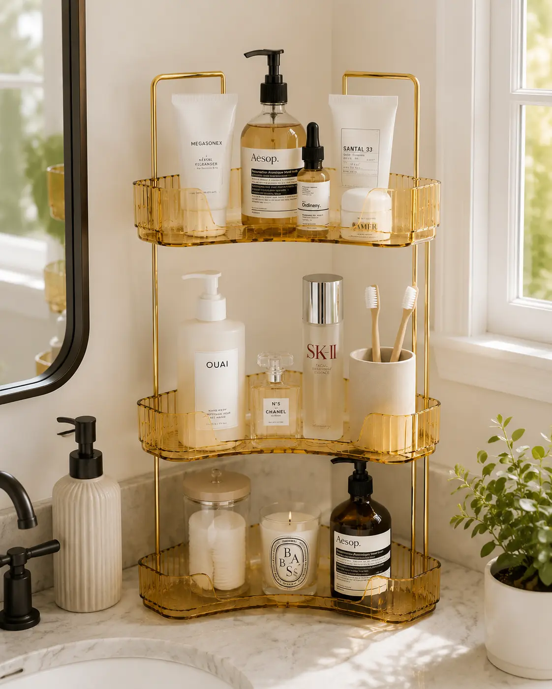 Standard Gold 3-Layer Corner Beauty Organizer with Brush Holder - Desktop Caddy, Dual-Compartment Compartmentalized Organizers for Vanity & Bathroom Dresser Clutter Control