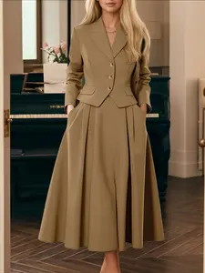 Women's Elegant Solid Color Long Sleeves Cropped Blazer Dress Set, Lapel Design, Perfect for Office Wear, Comfortable Fit for Daily Use