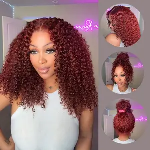 【This Hair Color Ate 】Reddish Brown Kinky Curly Invisi Strap Snug Fit 360 Transparent Lace Frontal Bleached Knots Pre Cut Lace Wig With Drawstring#Summervibes