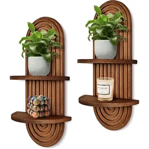 2 Pieces Boho Wall Shelf, Mid Century Shelves, Double Shelves, Decorative Bohemian Rainbow Hanging Shelves for Bathroom, Bedroom, Kitchen, Living Room, Laundry Room (Coffee Color)