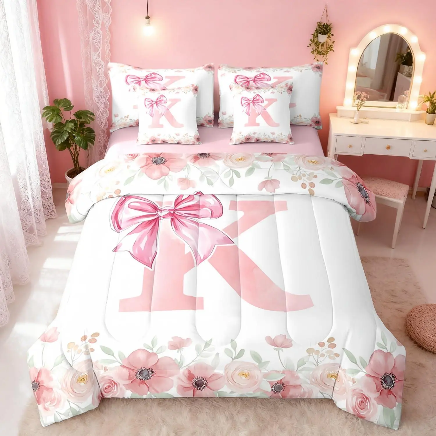 Initial Letter K Bed in A Bag Pink Monogrammed Bowknot Bedding Set,for Girls Kids Young Woman,Floral Dreamy Princess Style Comforter Set with Sheets with 2 Pillowcases