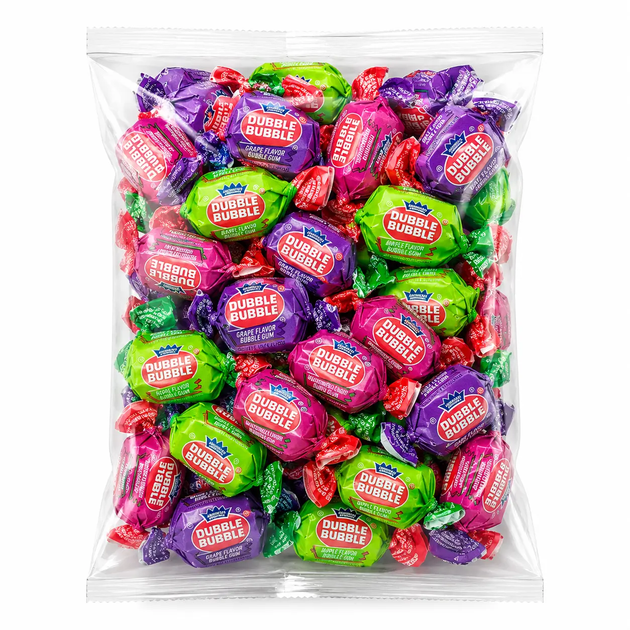Dubble Assorted Fruit Flavor Bubble Gum, 1 lb Bag, Individually Wrapped 3 Flavors (Grape, Watermelon, Apple), Holiday Candy, Approx. 70 Pieces