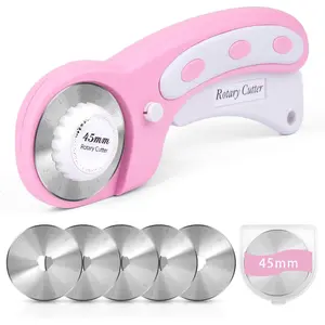45mm Rotary Cutter for Fabric with 5 Extra Blades, Ergonomic Roller Fabric Cutter Cuts Through Multiple Layers, Safety Lock for Left and Right Handed, Professional Sewing & Quilting Tools (Pink)