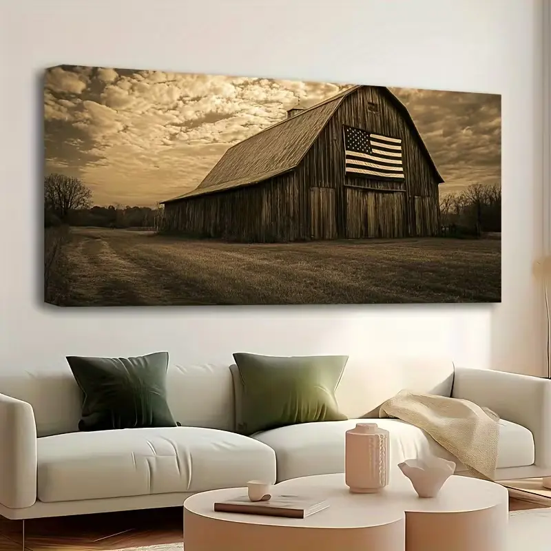 American Flag Farmhouse Wall Art - Artistic Sturdy Pine-Framed Black & White Barn Wrapped Canvas Print, Multi-Size 20x40x0.75inch(50x100x1.9cm)/16x32x0.6inch(40x80x1.5cm), Rustic Home Supplies for Living Room, Bedroom, Decoration, Pine Wood