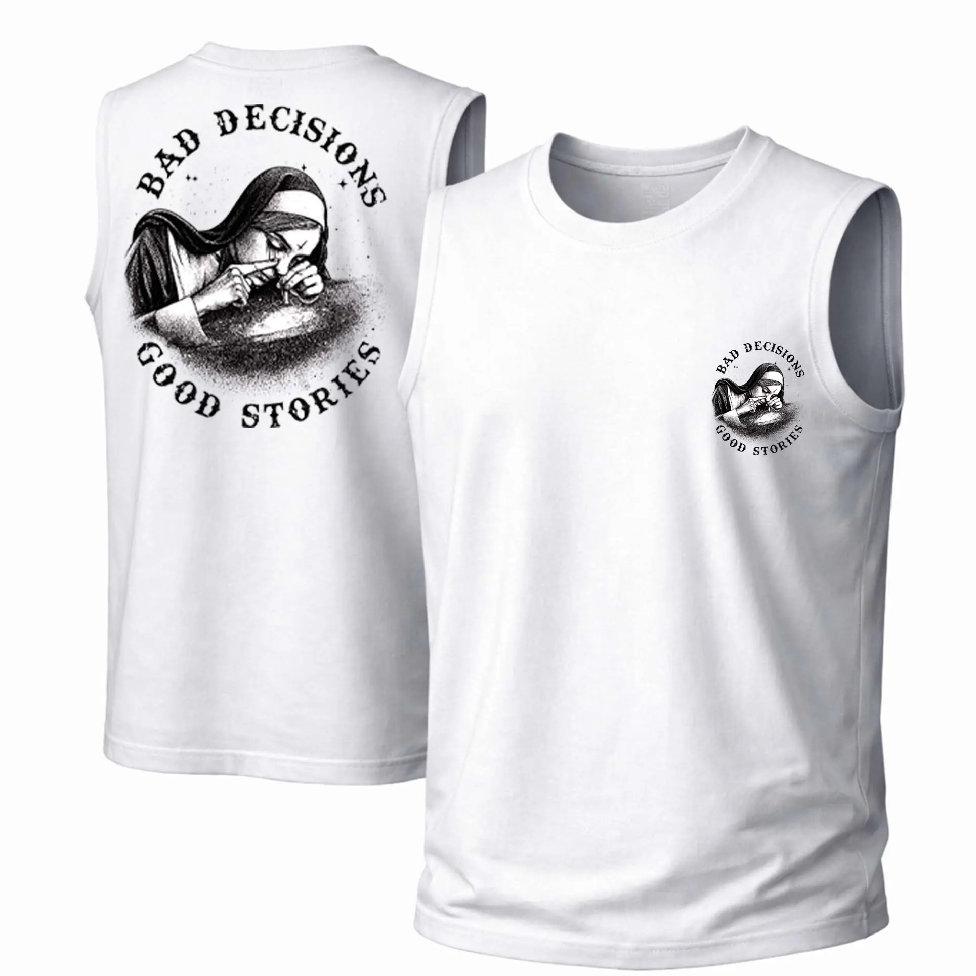 Men's Cotton Sleeveless Tank Top - Bad Decisions, Good Stories Printed Style. This Is A Casual Item Suitable For Both Men And Women, Especially Perfect For Spring And Summer; The Cool Print And Classic Crew Neck Cut