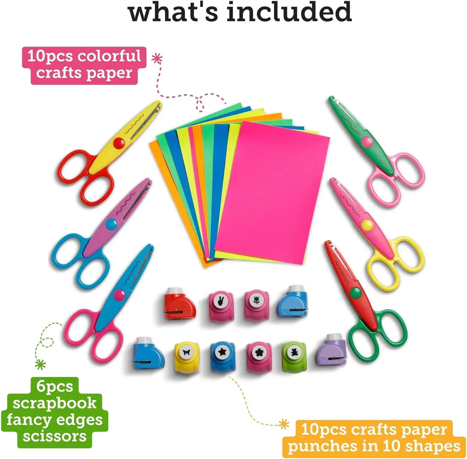 26PCS Crafting Set Craft Scissors with Decorative Edge - 6 Scissors with Fun Decorative Edge - 10 Paper Hole Punch Shapes & 10 Colorful Pieces of Paper