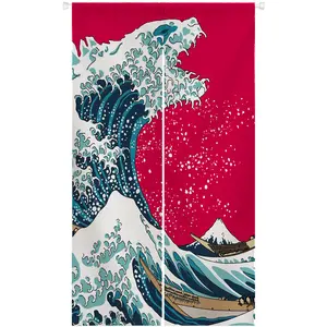 Japanese Painting Hokusai Noren Artistic Doorway Curtain Tapestry for Wall Hanging Bedroom Decor, Red, Customizable, 33.5"x 59" Decoration Print