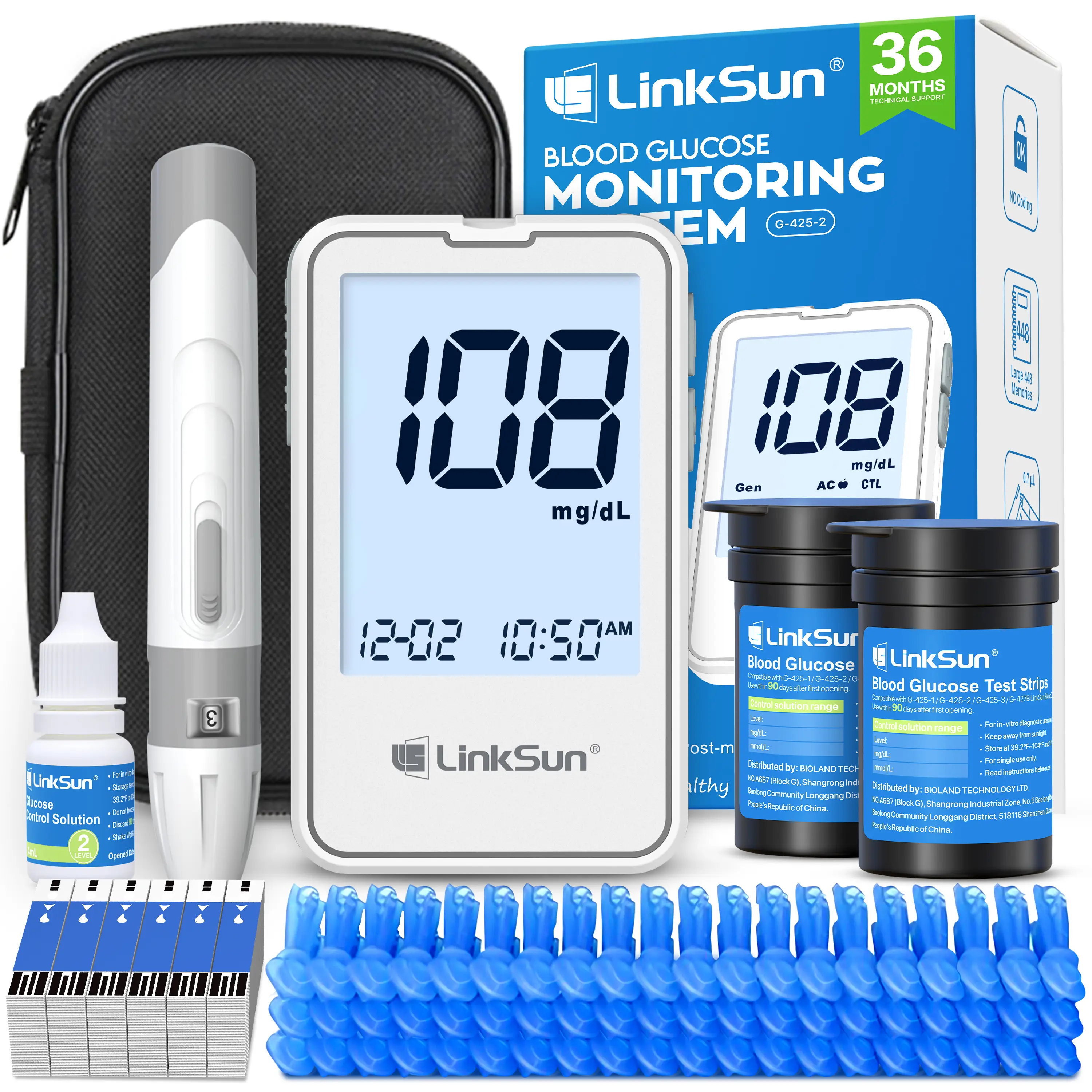 LinkSun G-425-2 Blood Glucose Monitor Kit with 100 Test Strips & 100 Lancets for Home Use, Large Display, No-Coding Design, Quick 5-Second Test Time,