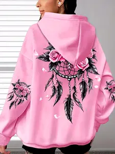 Women's Fashion Loose Fit Long Sleeves Hooded Sweatshirt Tops, Rose Feather Floral Print, Casual Fall & Winter Design, Versatile and Stylish, Womenswear