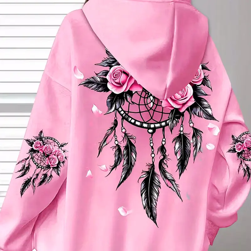 Women's Fashion Loose Fit Baggy Oversized Long Sleeves Hooded Sweatshirt Tops, Rose Feather Floral Print, Casual Fall & Winter Design, Versatile and Stylish, Womenswear, Sweatshirts Women