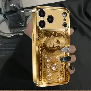 Full Diamond-Encrusted Gold Dollar Pattern Phone Case Noble Luxury Phone Case Symbol of Wealth Phone Case, Compatible with iPhone 17/16/15/14/13/12/11 and Other Models