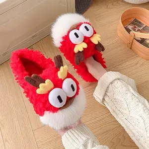 Unisex Couple's Comfy Cartoon Dragon Plush Slippers - Soft, Durable, Sole, Warm Indoor/Outdoor Winter Shoes with Playful Green Design, House Slippers