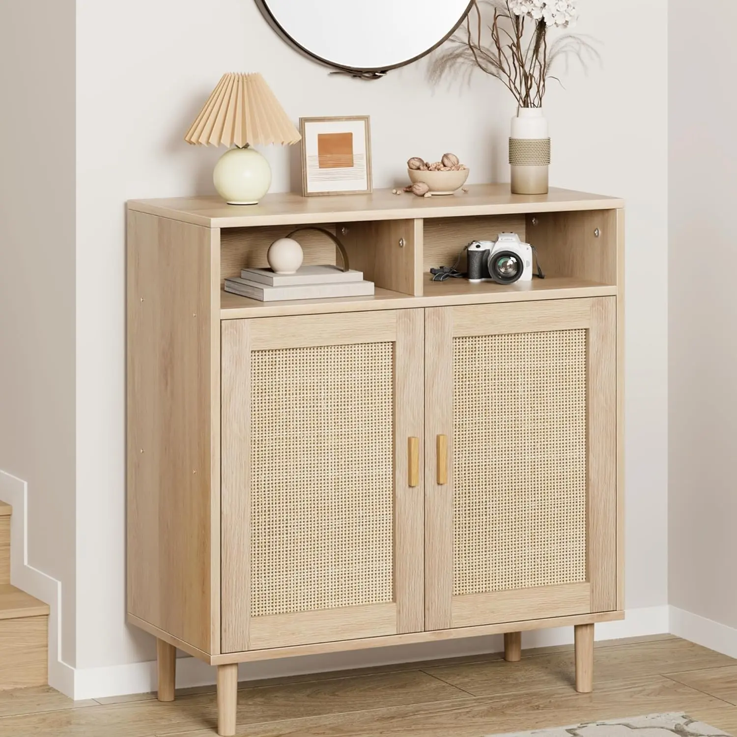 【GARVEE】Rattan Sideboard Cabinet with 2 Doors & Shelf – Modern Farmhouse Buffet Storage for Kitchen, Dining Room & Entryway, Handwoven Boho Coffee Bar Cabinet (Natural)