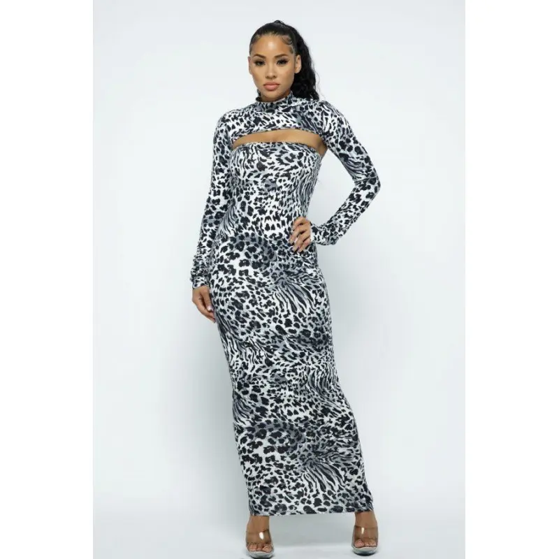 Mock Neck Long Sleeve Thumb In Top With Tube Top Long Dress Set Casual Grey