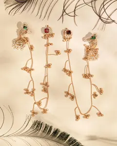 Handmade Unique Gold-Plated Temple Ear Tops with Double Layer Bead Chain – Rose Pink Stone Centerpiece