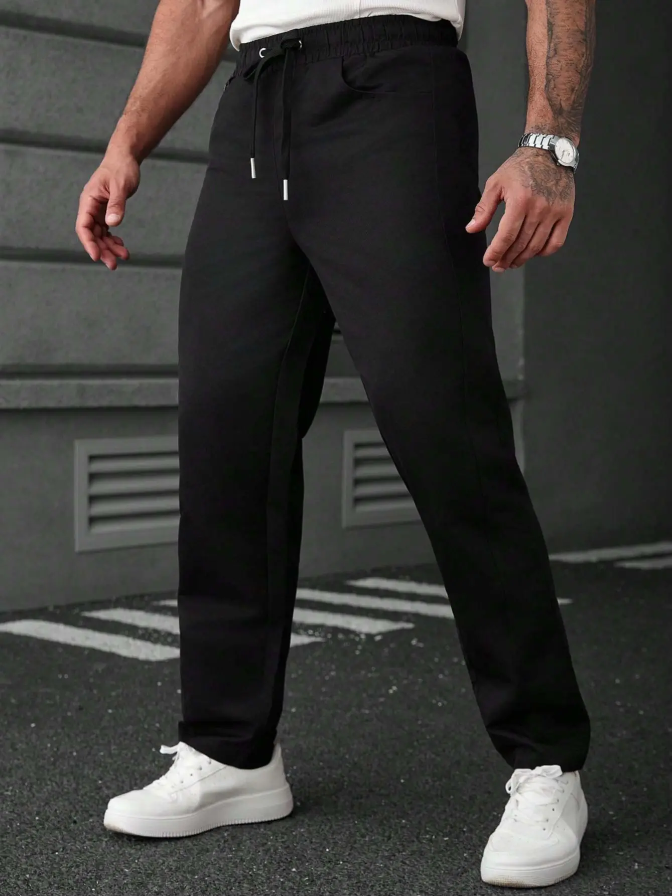 Men's Casual Trousers, Stylish Plain Black Straight Leg Work Pants with an Elastic Drawstring Waist for Office and Day Wear, Menswear, Black/H, Simple, Casual Men's Pants, Cozy Men's Pants, Corporate Men's Pants