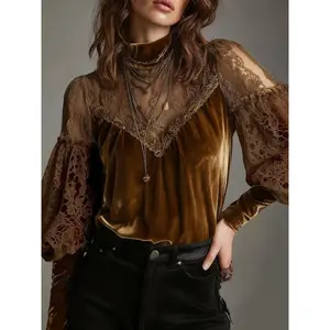 High-quality velvet mock turtleneck lace-patch top, elegant lantern sleeves, fitted design, fashionable women’s shirt for autumn and winter GARMENTARY