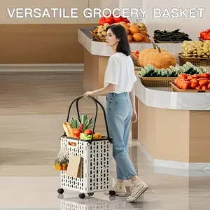 Large Capacity Foldable Collapsible Cart with Wheels & Handle -Lightweight Portable Grocery Organizer Suitable for Groceries, Camping, Travel, Markets, Laundry, Market, Beach, Outdoor, Household Essentials, Space-Saving Design, Heavy Loads
