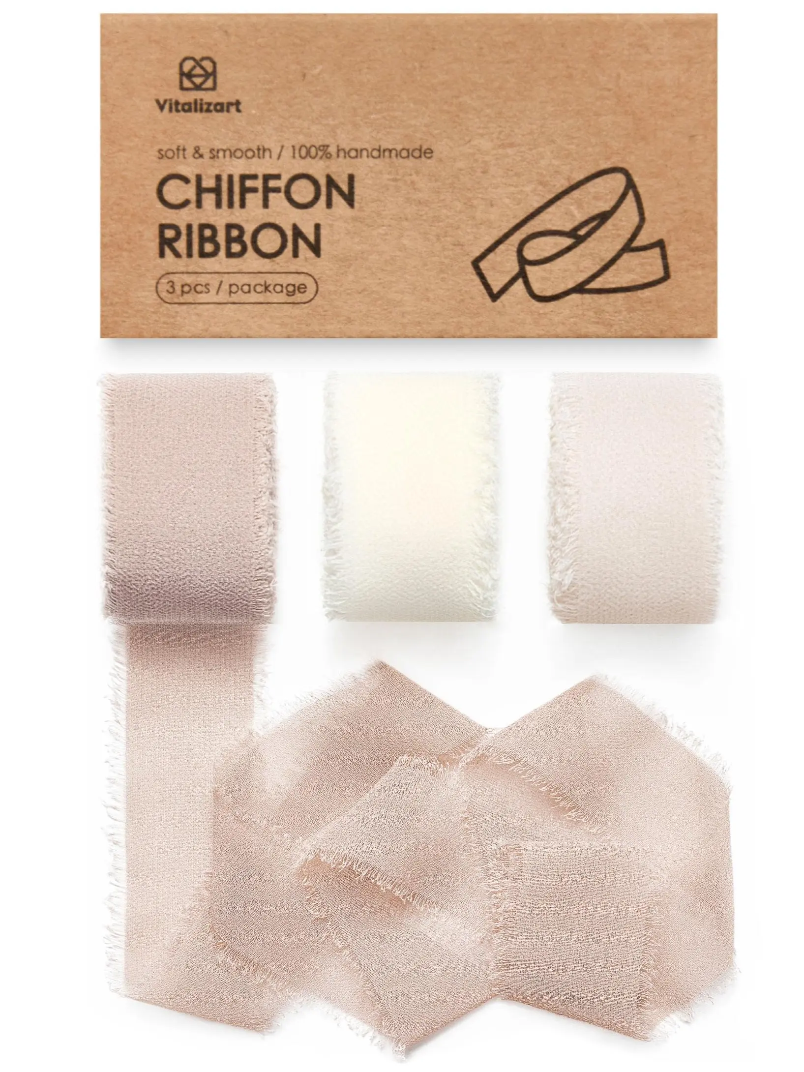 Vitalizart 3-Roll 1in Poly Chiffon Ribbon Set - Rolling Design, Hand-Frayed Edges, Soft Sheer Texture for Romantic Party Decor, Flower Bouquets, DIY Projects (21yd Each)