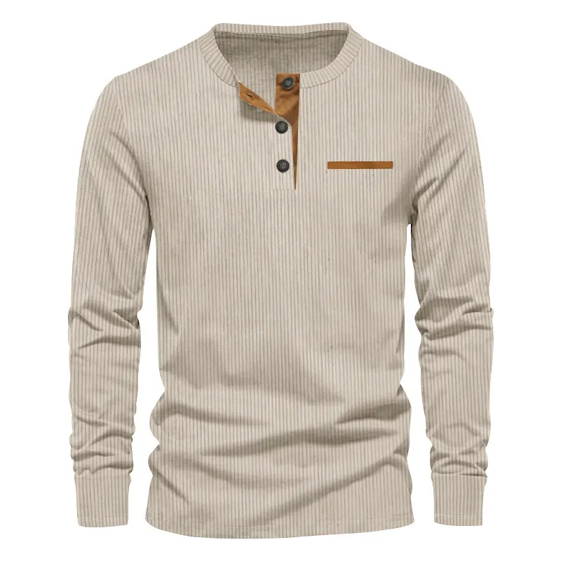 Men's regular version patchwork half-button thermal lining Henry collar shirt, spring and autumn casual retro long-sleeved top, fashionable daily men's clothing, men's daily wear, men's top long-sleeved T-shirt suitable for gifts