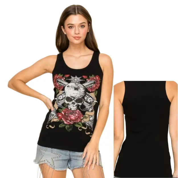 Sweet Surrender Bling Tank Top Rhinestones Skull Roses Pew Pews McBling Y2K Edgy 2000s Summer Graphic Classic Freedom Fringe Made in USA spikey