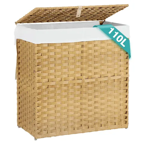 Sweetcrispy Chic Large Rectangle Synthetic Rattan Laundry Hamper with Steel Frame - Sturdy Woven Texture, Waterproof, Foldable, Lidded, Carry Handles, Removable Polyester Liner - Laundry Bin for Washroom, Bedroom Water-Safe Storage Organization