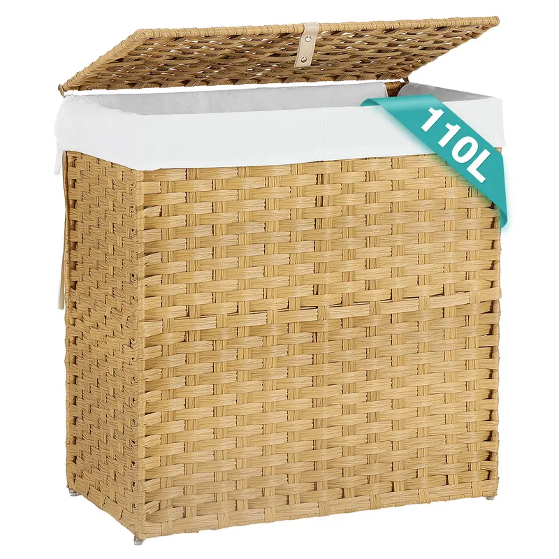 Sweetcrispy Chic Large Rectangle Synthetic Rattan Laundry Hamper with Steel Frame - Sturdy Woven Texture, Waterproof, Foldable, Lidded, Carry Handles, Removable Polyester Liner - Laundry Bin for Washroom, Bedroom Water-Safe Storage Organization