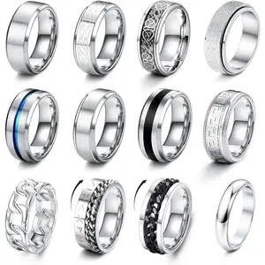 Cassieca 12 Count Fidget Ring for Women Men Stainless Steel Rings Men Ring Set Matching Rings for Couples, Cool Spinner Ring Anxiety Ring for Women for Men Size 7-13 Daily Men's Accessories