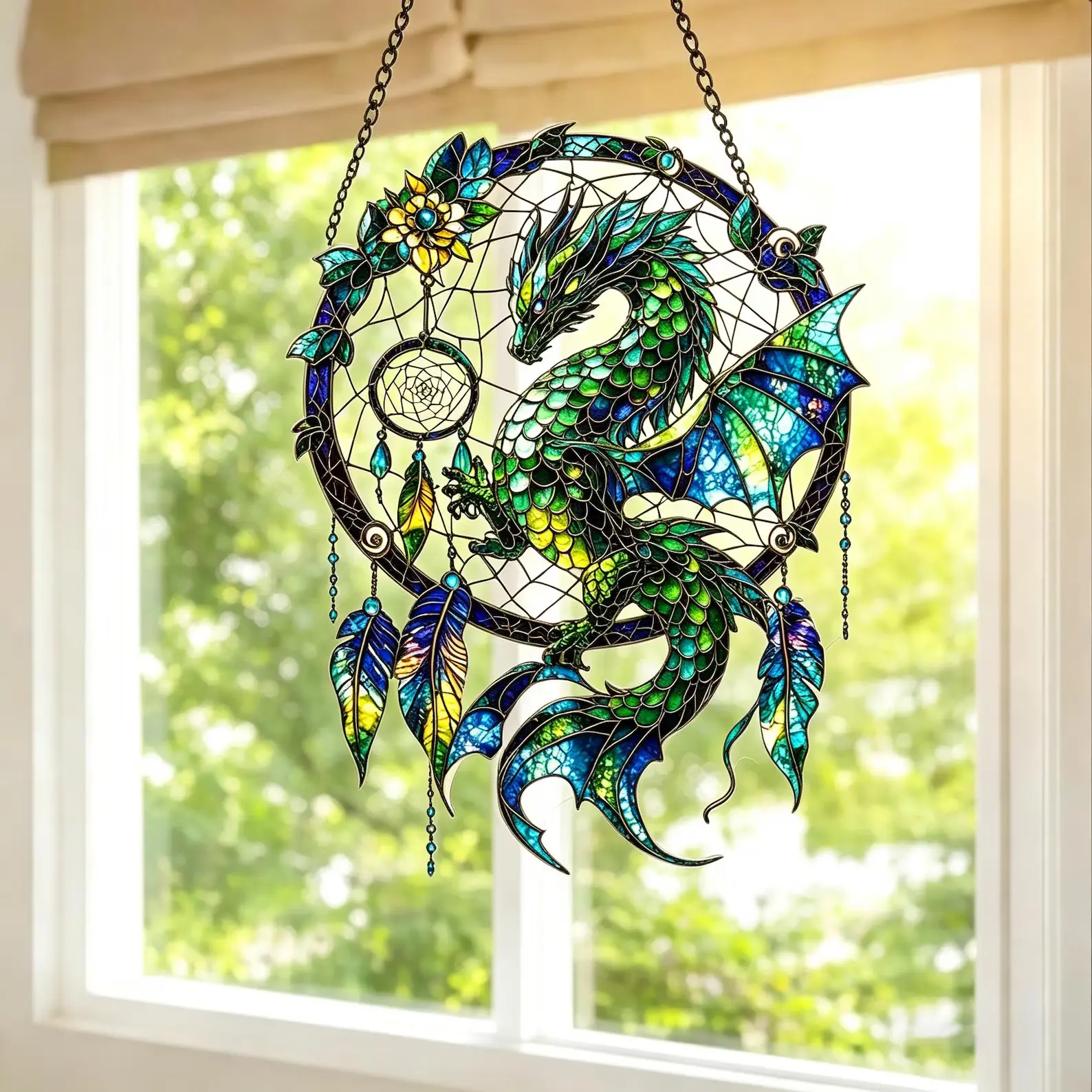 Green Dragon Dreamcatcher Stained Glass Suncatcher, Boho Acrylic Light Catcher, Window Hanging Decor for Fantasy Lovers