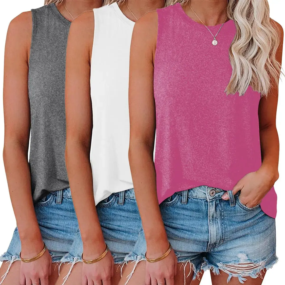 1/3 Pack Tank Tops for Women Plain Round Neck Sleeveles T Shirts Loose Breathable Workout Racerback Tank Tops Soft Polyester Solid Color