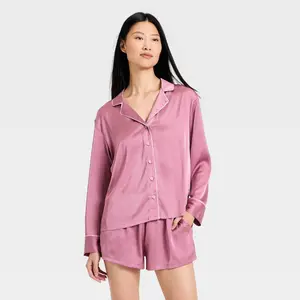 Women's Luxury Collection Satin Notch Collar Long Sleeve Shirt and Shorts Pajama Set - Auden