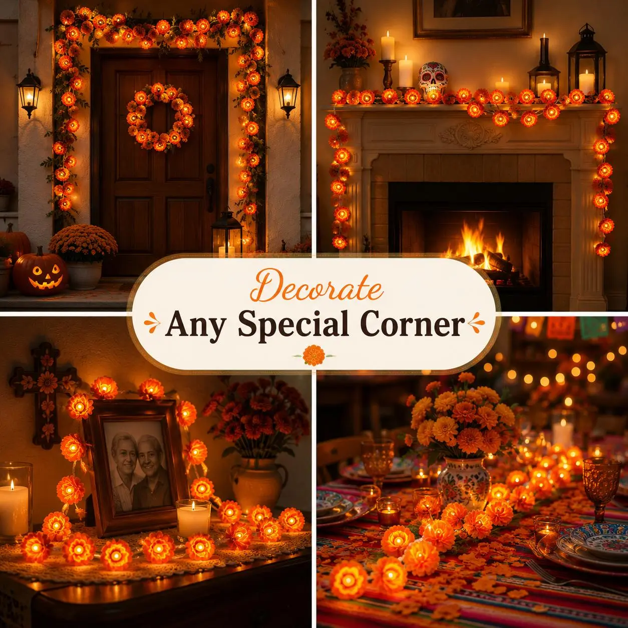 3m LED Mexican Marigold String Lights, 20 Flashing Orange Cempasuchil Ornaments, Battery-Powered for Day of the Dead Altars, Halloween Fall Decoration