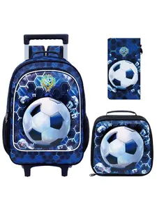 3PCS Rolling Backpack for Boys, Soccer Roller School Bookbag with Lunch Bag, Football Wheeled Backpacks for Teens Boys Elementary Trave