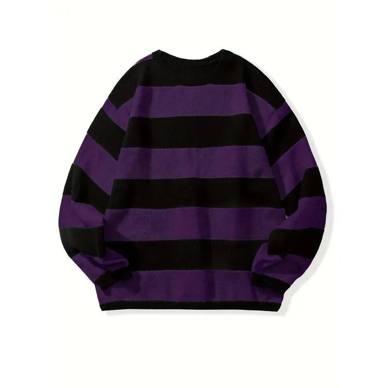 Men's Casual Fashion Striped Pullover Sweater, Spring/Autumn Thin Polyester Knit, Round Neck, Stretchy Fabric, Regular Fit
