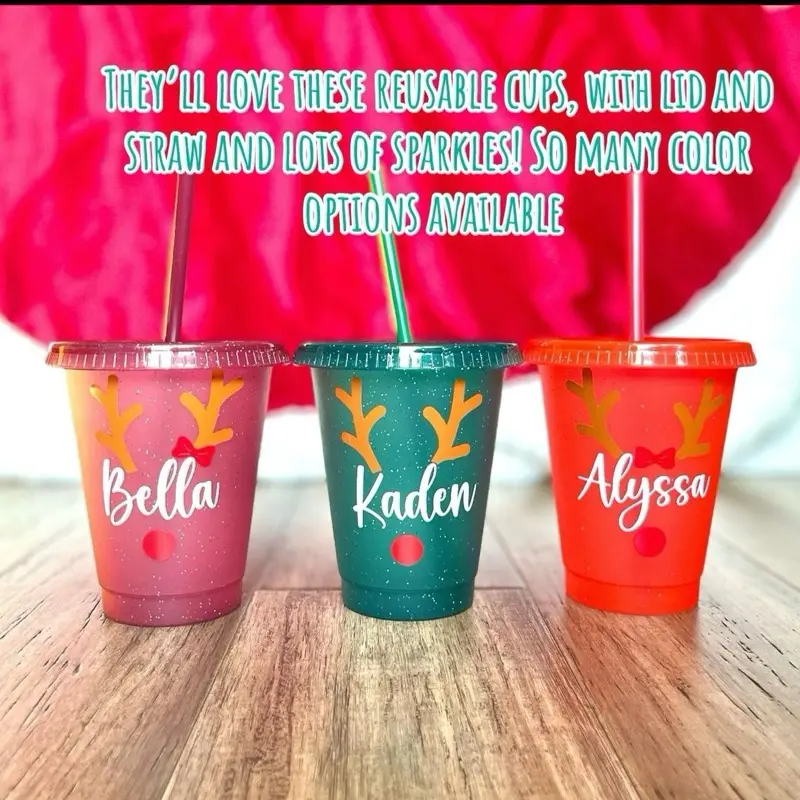 Personalized Reindeer Sparkle Cold Cups with Lid and Straw in Multiple Color Options for Kids with glitter Bottle Drinkware Customized Reusable