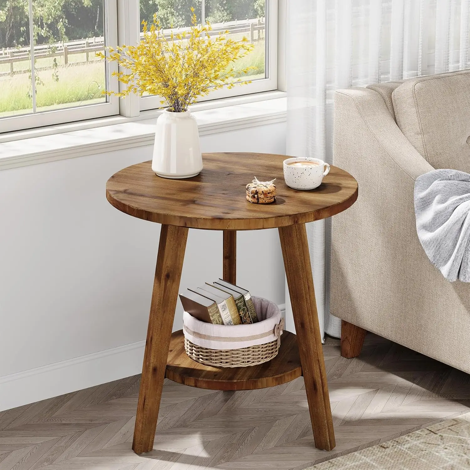 TRIBEWOOD Solid Wood Round End Table - 2-Tier Farmhouse Sofa Side Table with Storage Shelf, Rustic Nightstand for Living Room, Easy Assembly