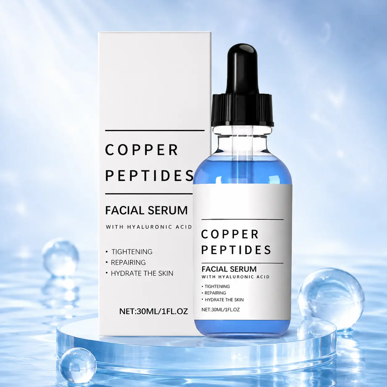 Copper Peptide Facial Serum with Hyaluronic Acid, 30ml Hydrating Face Serum for Smooth & Plump Looking Skin, Lightweight Daily Skincare Serum for Women & Men