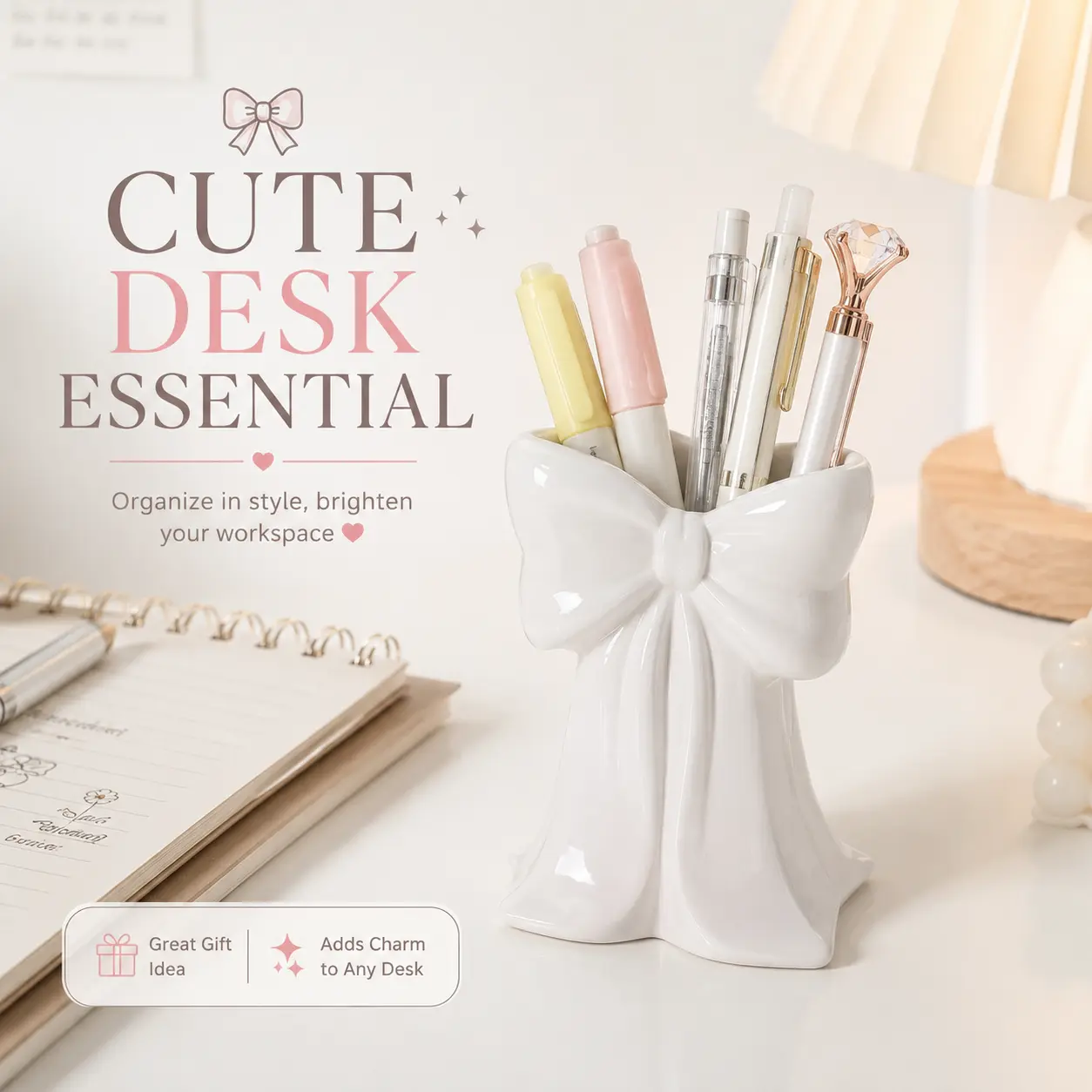 Resin Cute Bow Shape Multifunctional Desktop Makeup Organizer Box - Vanity Organization Desk Decor with Compartments, Brush Holder Plus Organizer for Cosmetics, Office Supplies, Women's Gift