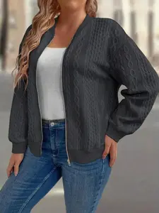 [plus Size] Basic Solid Textured Zip Up Bomber Jacket, Casual Long Sleeve Mock Neck Outerwear for Fall & Winter, Women's Clothes for Daily Womenswear