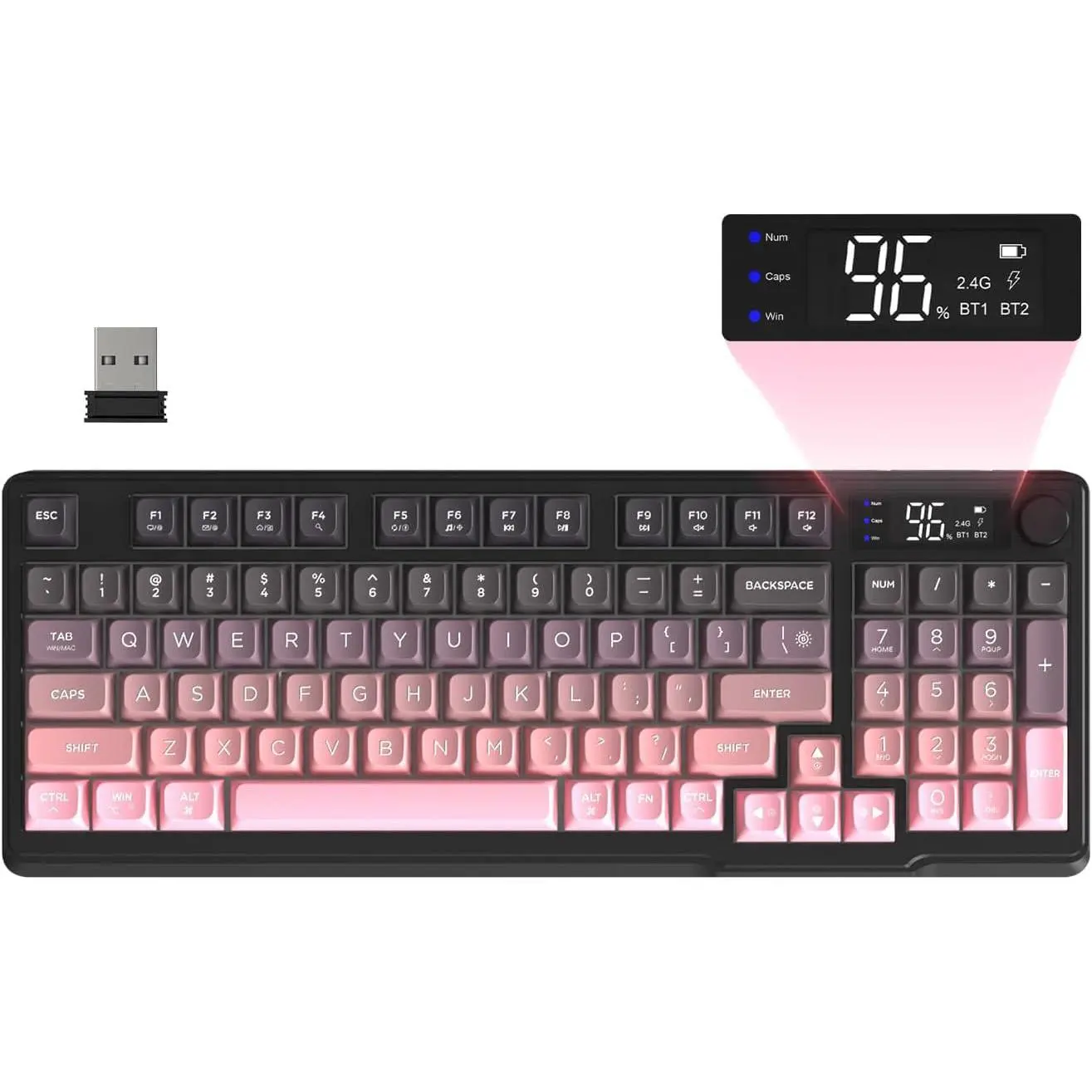M96 Wireless Gaming Keyboard Rechargeable Creamy Membrane with Rainbow Backlight,Media Knob,LCD Screen,Dual Mode-Bluetooth/2.4Ghz,Ball Shape PBT Keycap 94 Key ANSI Layout Pc Gaming Keyboards