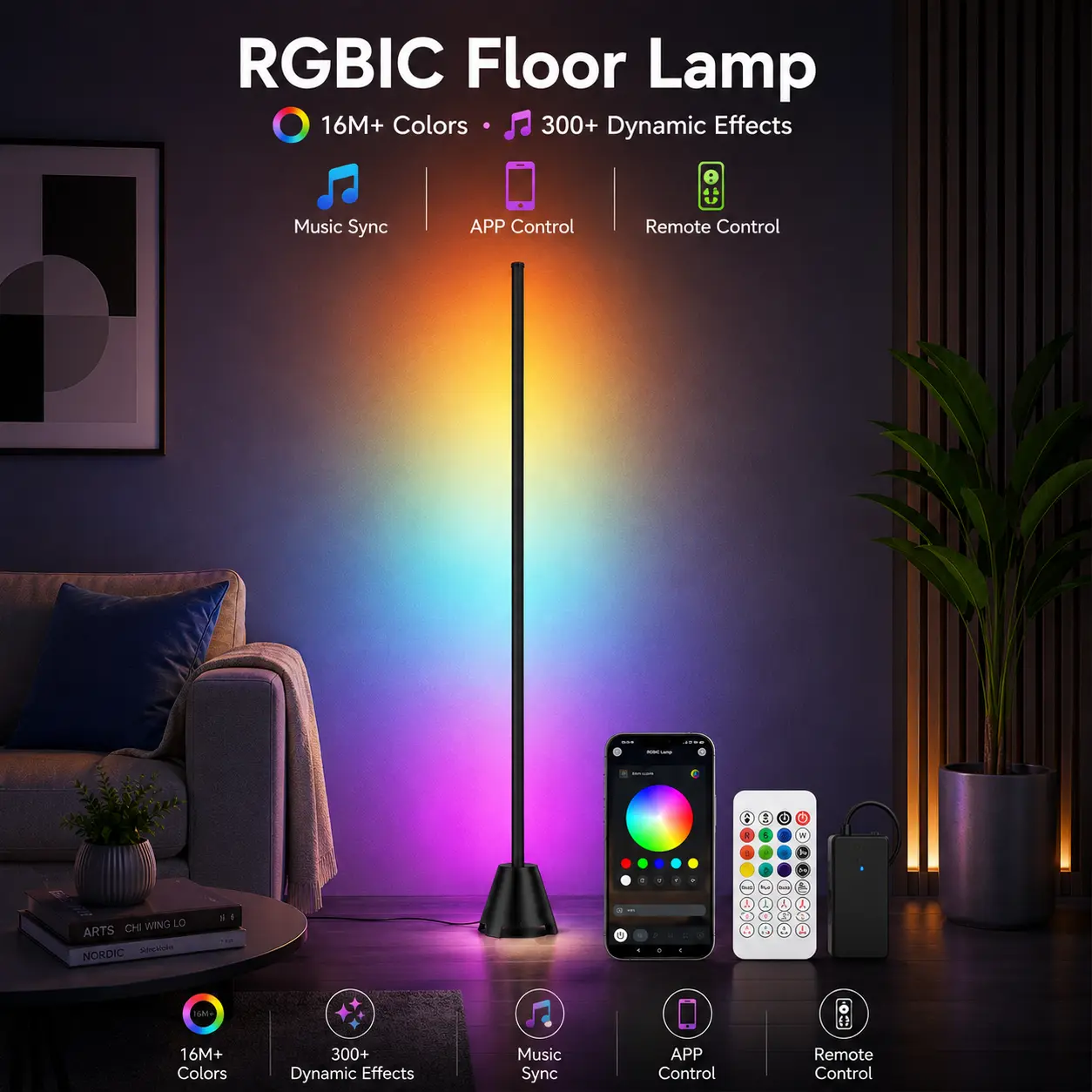 Smart RGB LED Corner Floor Lamp - LED Bright Standing Lamp with APP, Remote Control, Music Sync, 16M Colors for Living Room, Bedroom Ambient Lighting