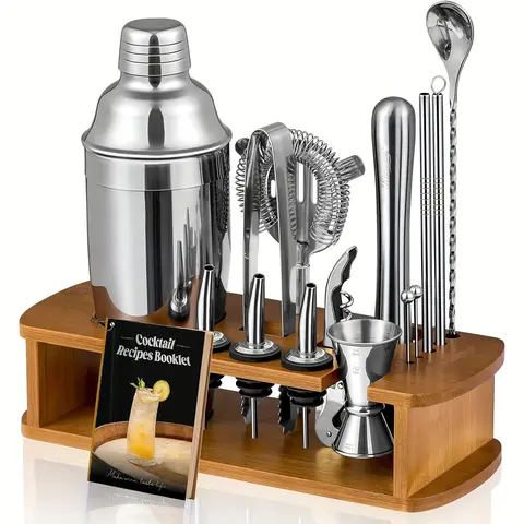 Cocktail Shaker Set Bartender Kit with Stand | Bar Set Drink Mixer Set with All Essential Accessory Tools: Martini Shaker, Jigger, Strainer, Mixer Spoon, Muddler, Liquor Pourers |Silver